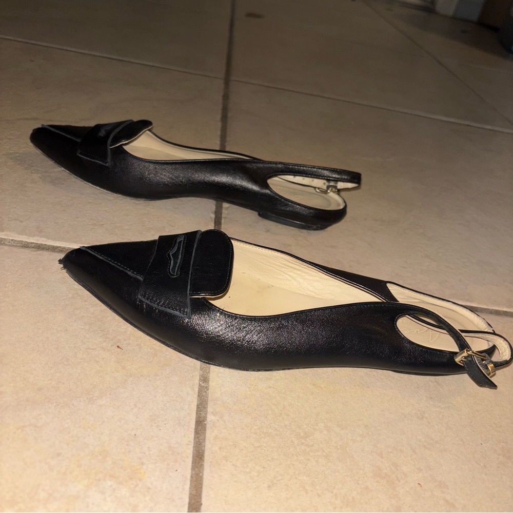 Avellini Black Leather Pointed Toe Penny Loafer Slingback Flats Made in italy - Picture 4 of 8